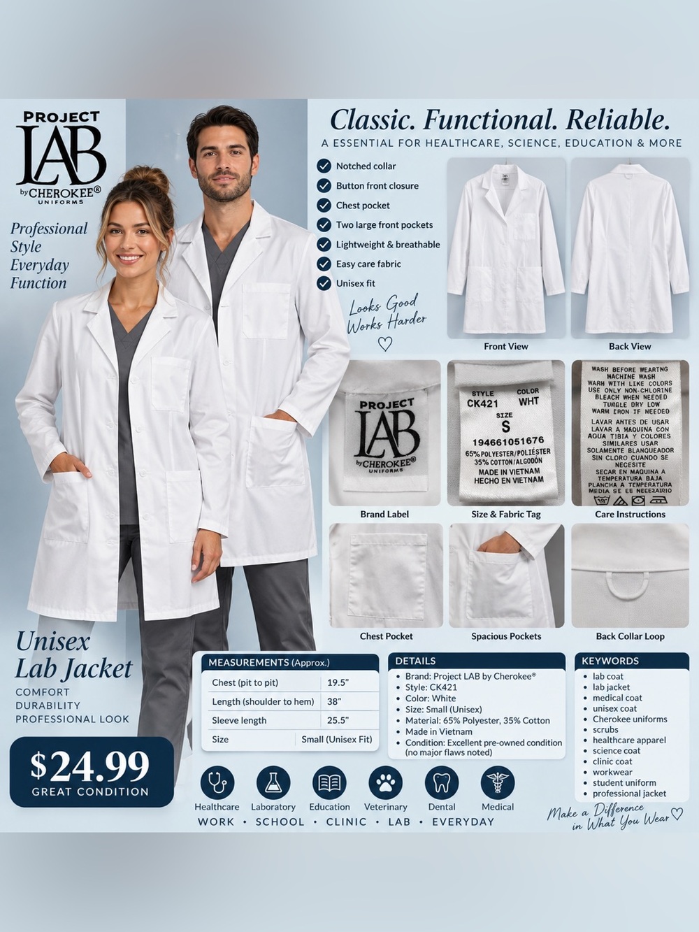 Cherokee White Unisex Lab jacket with Front Pockets